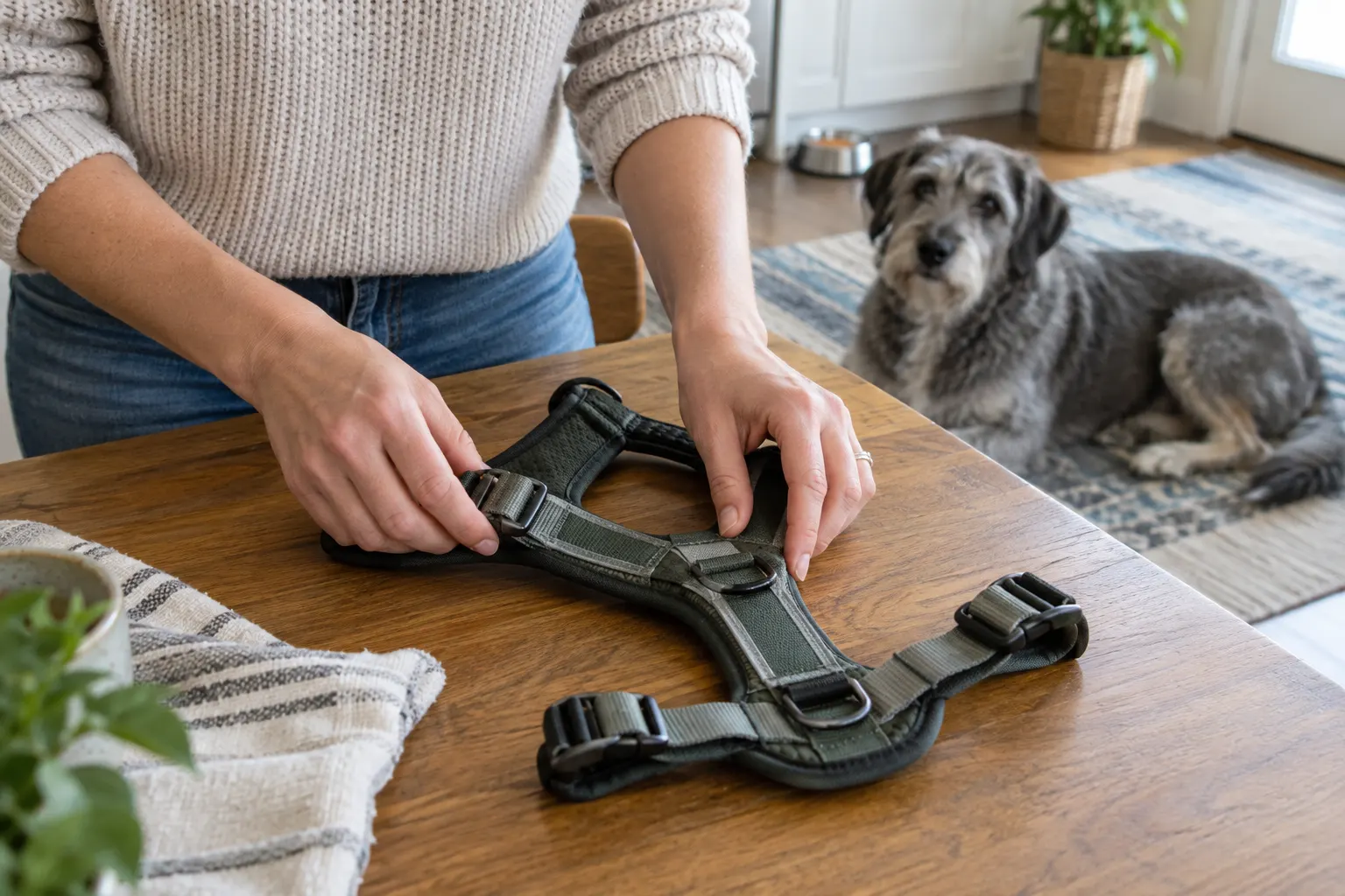 Una adulta revisa correas y hebillas de un arnés extendido sobre la mesa mientras un perro gris descansa cerca