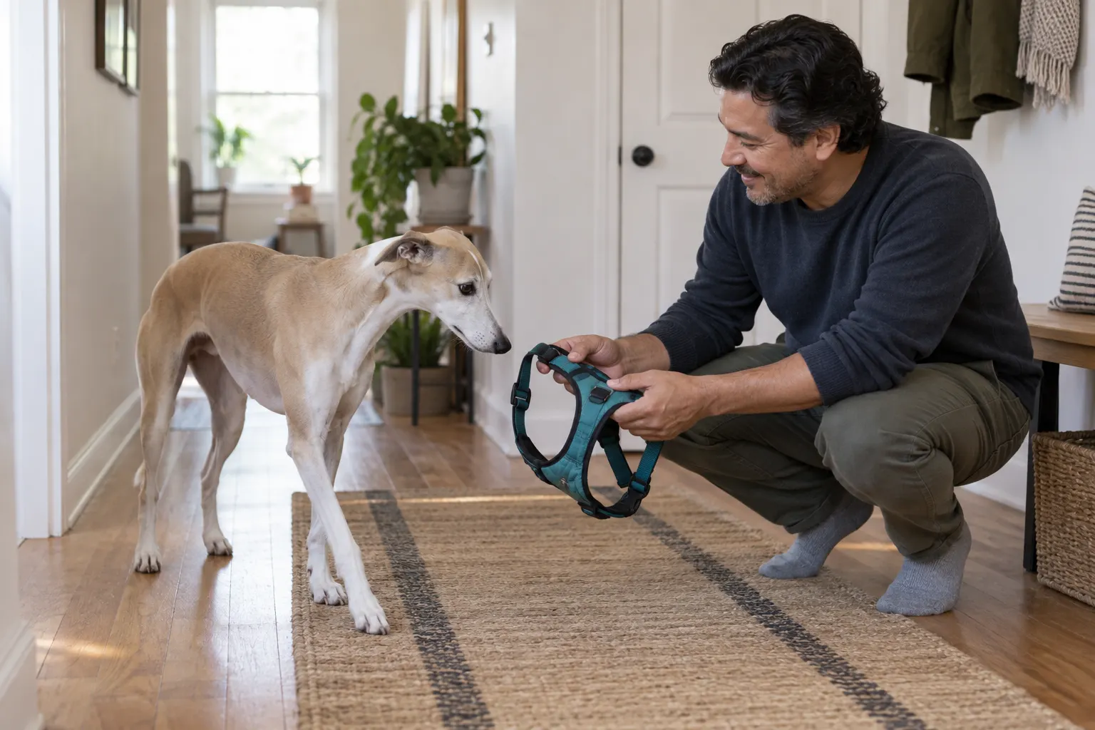 Tan-and-white whippet approaches an open teal harness held low by an adult in a quiet home hallway