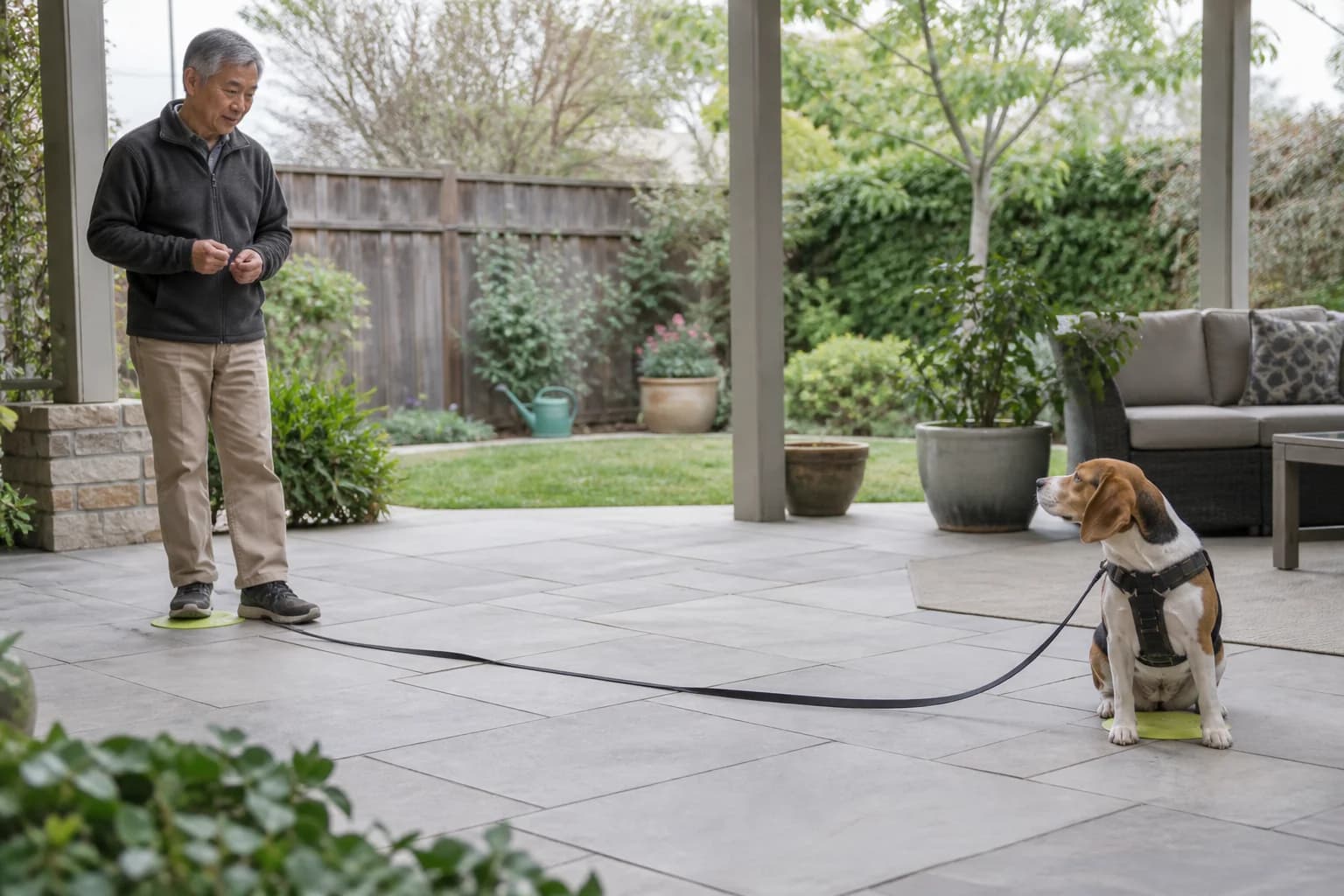 Älterer Mann übt auf einer überdachten Terrasse mit einem angeleinten Beagle die Namensreaktion zwischen zwei Bodenmarkierungen