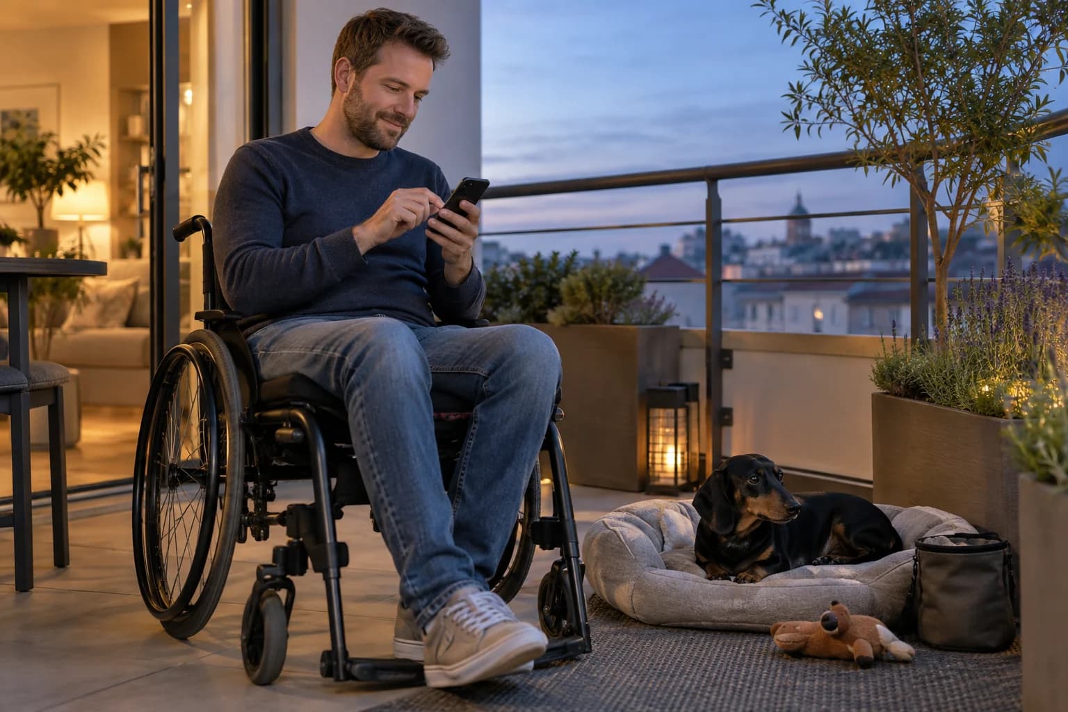 Rollstuhlfahrer notiert nach dem Training kurz etwas auf dem Smartphone, während ein Dackel auf seiner Decke am Balkon ruht