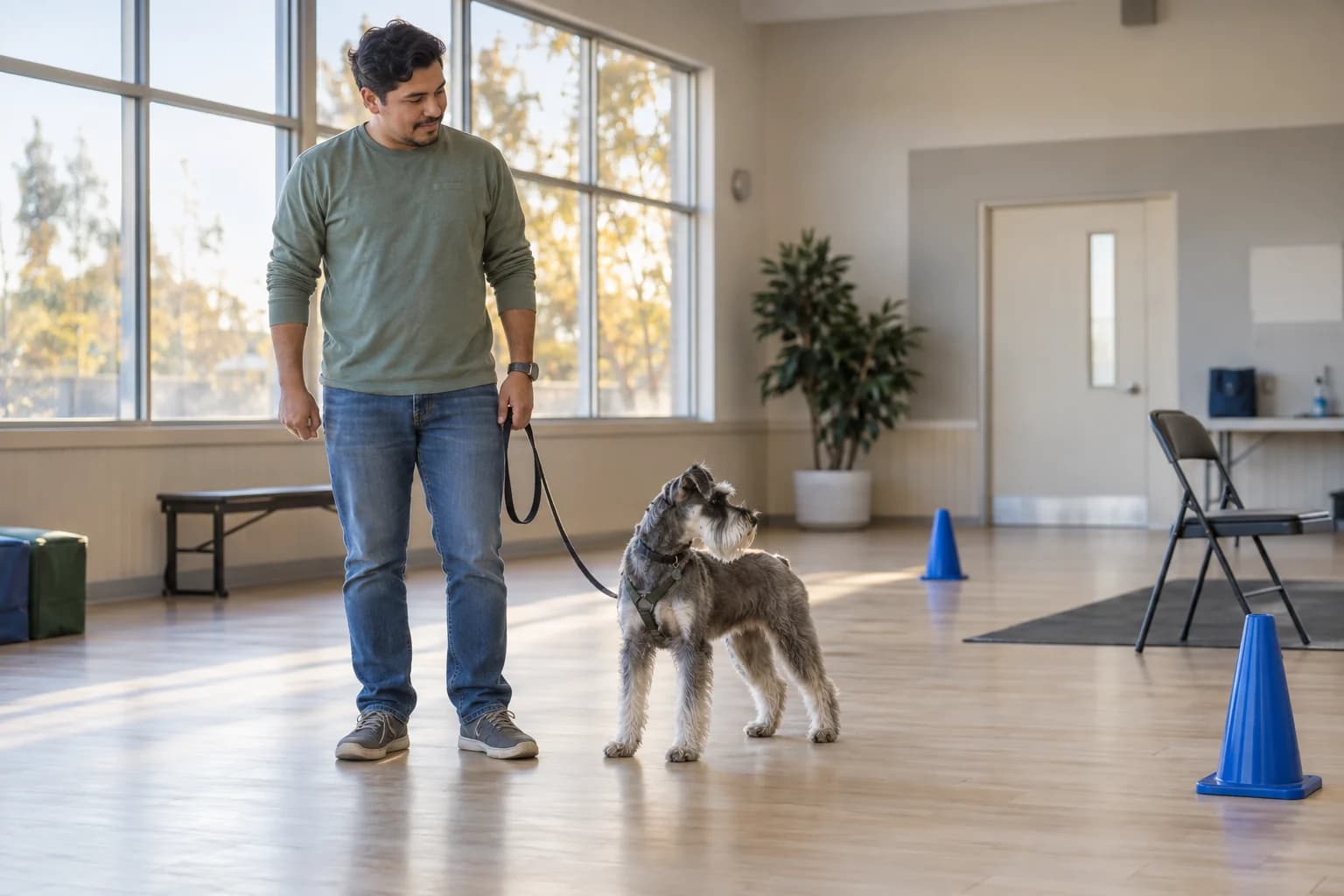 Man resets an easy training exercise with a leashed schnauzer in a quiet community room