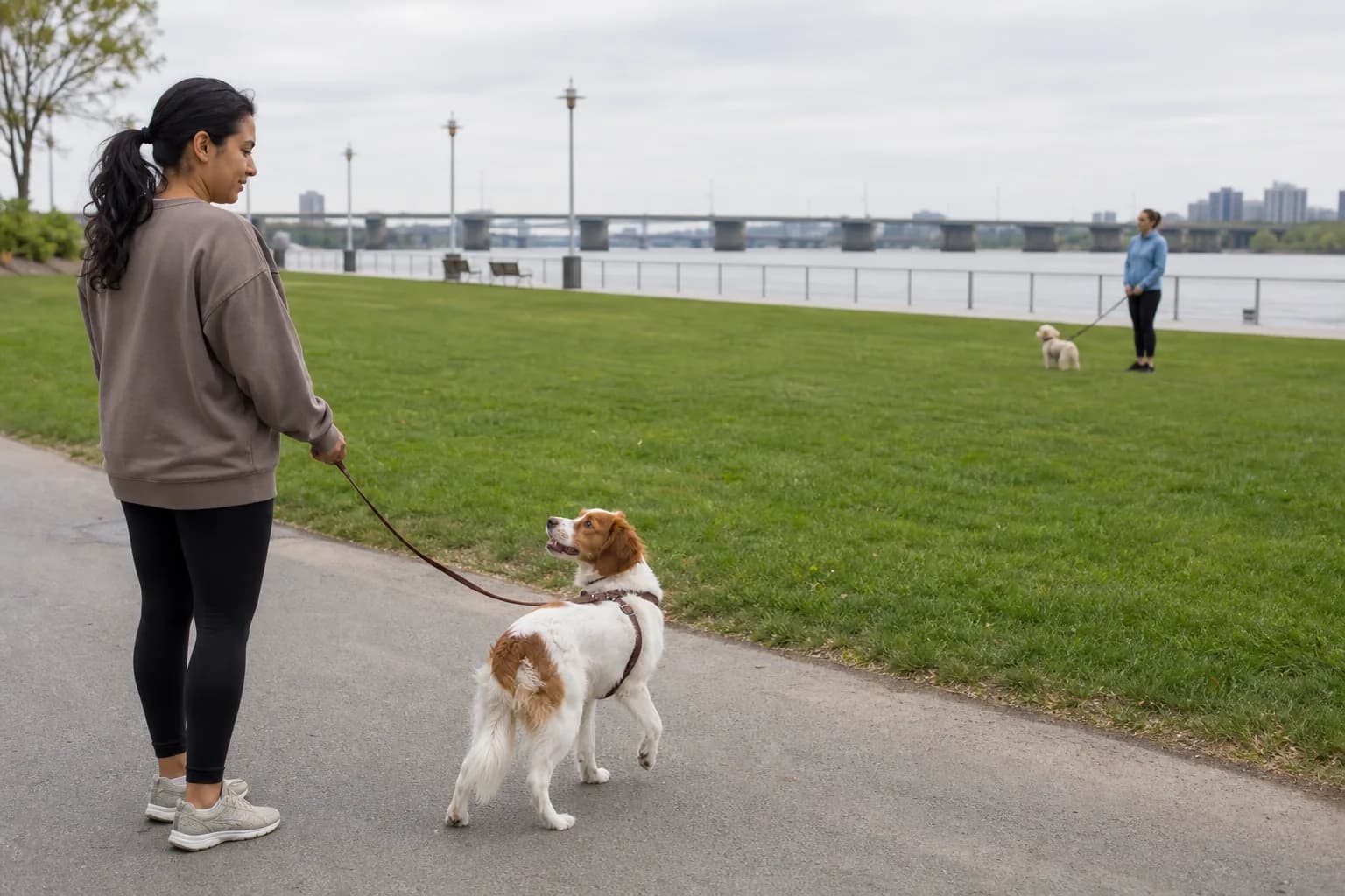 Spaniel checks back with its handler while a second leashed dog stays far across a grassy riverside space