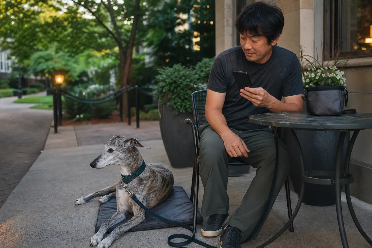 Man records a short training note on his phone while a greyhound relaxes on a mat after a walk