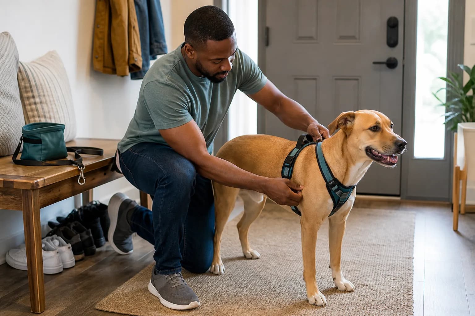 Man fits a comfortable harness on a relaxed tan dog before a leash-training walk