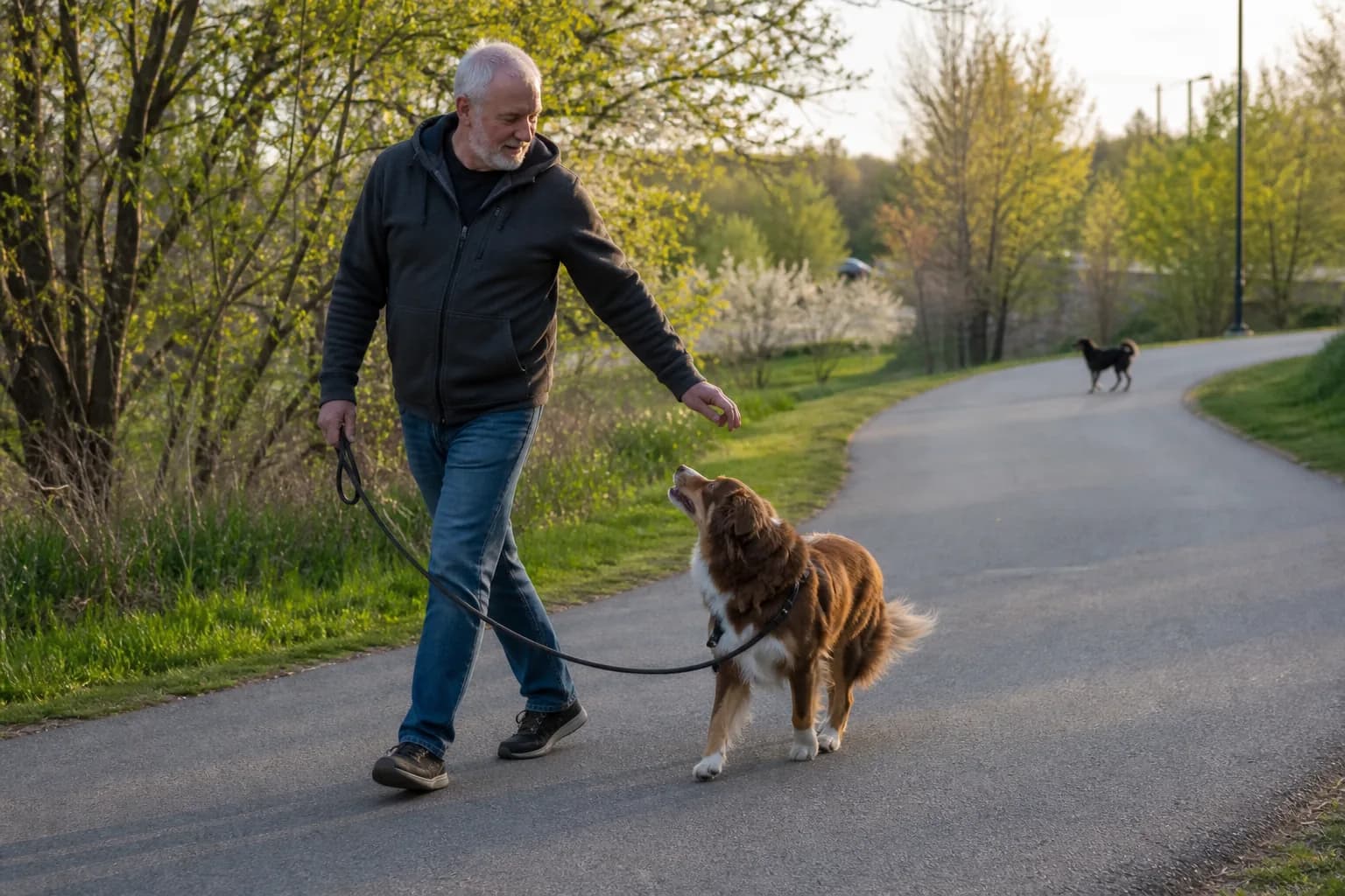 Older man guides an Australian shepherd through a broad U-turn while another dog remains distant on the path