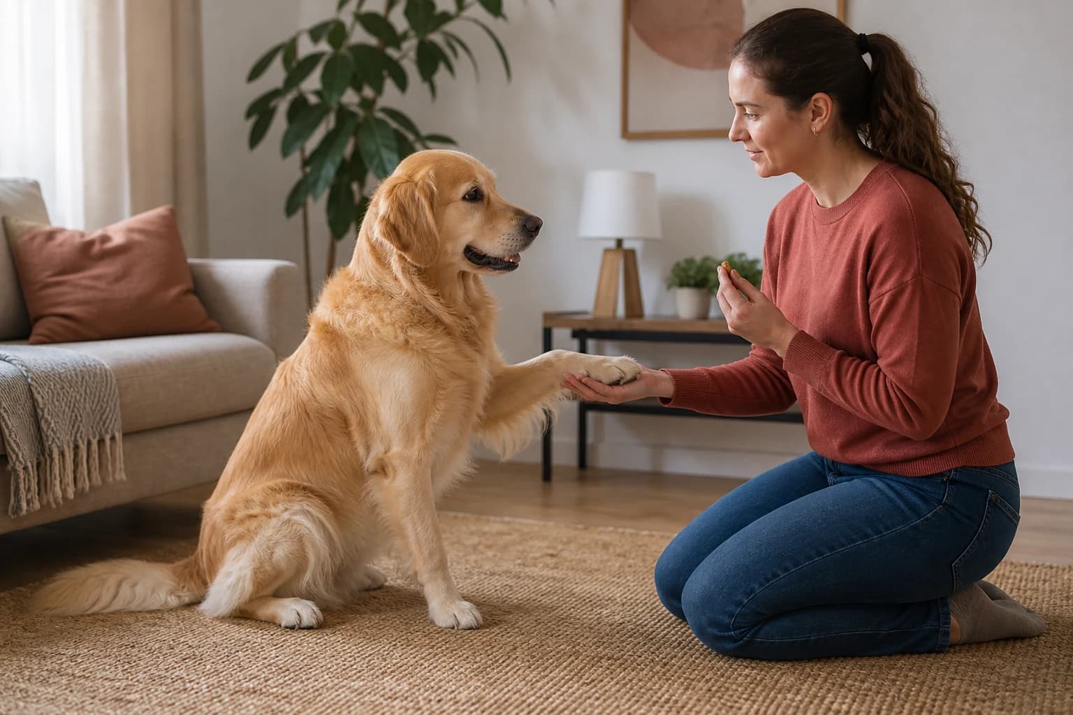 Golden retriever gently placing one paw in its owner's open palm during a calm reward based training session
