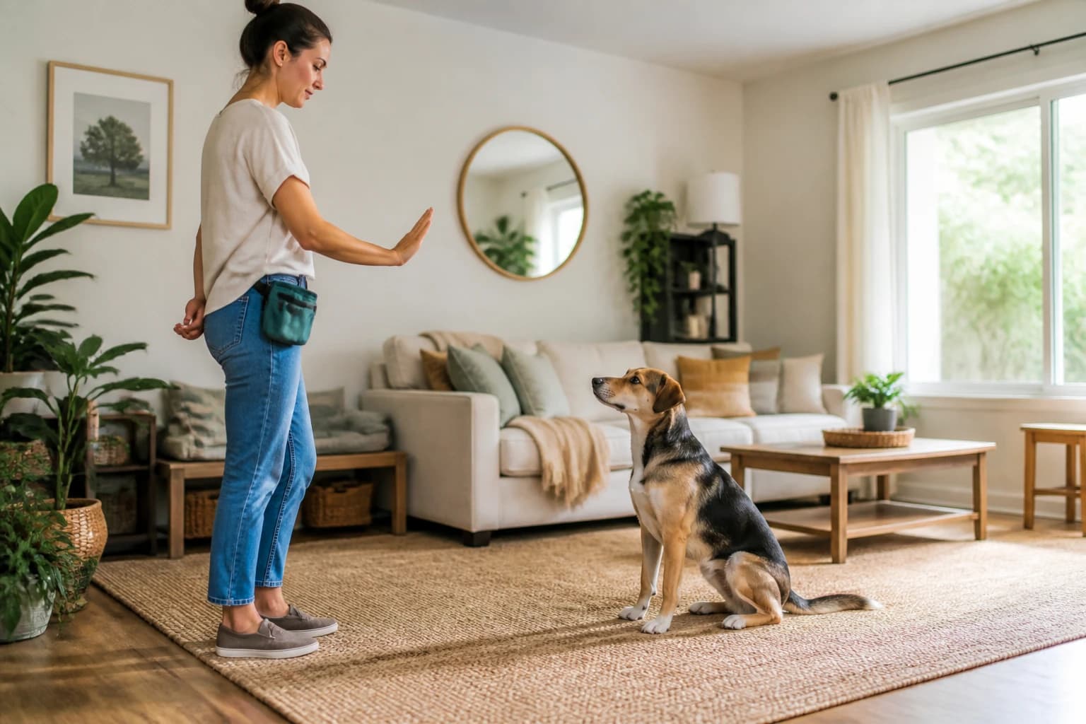 Mixed-breed dog calmly holding a stay while its owner gives an open-palm hand signal in a bright living room
