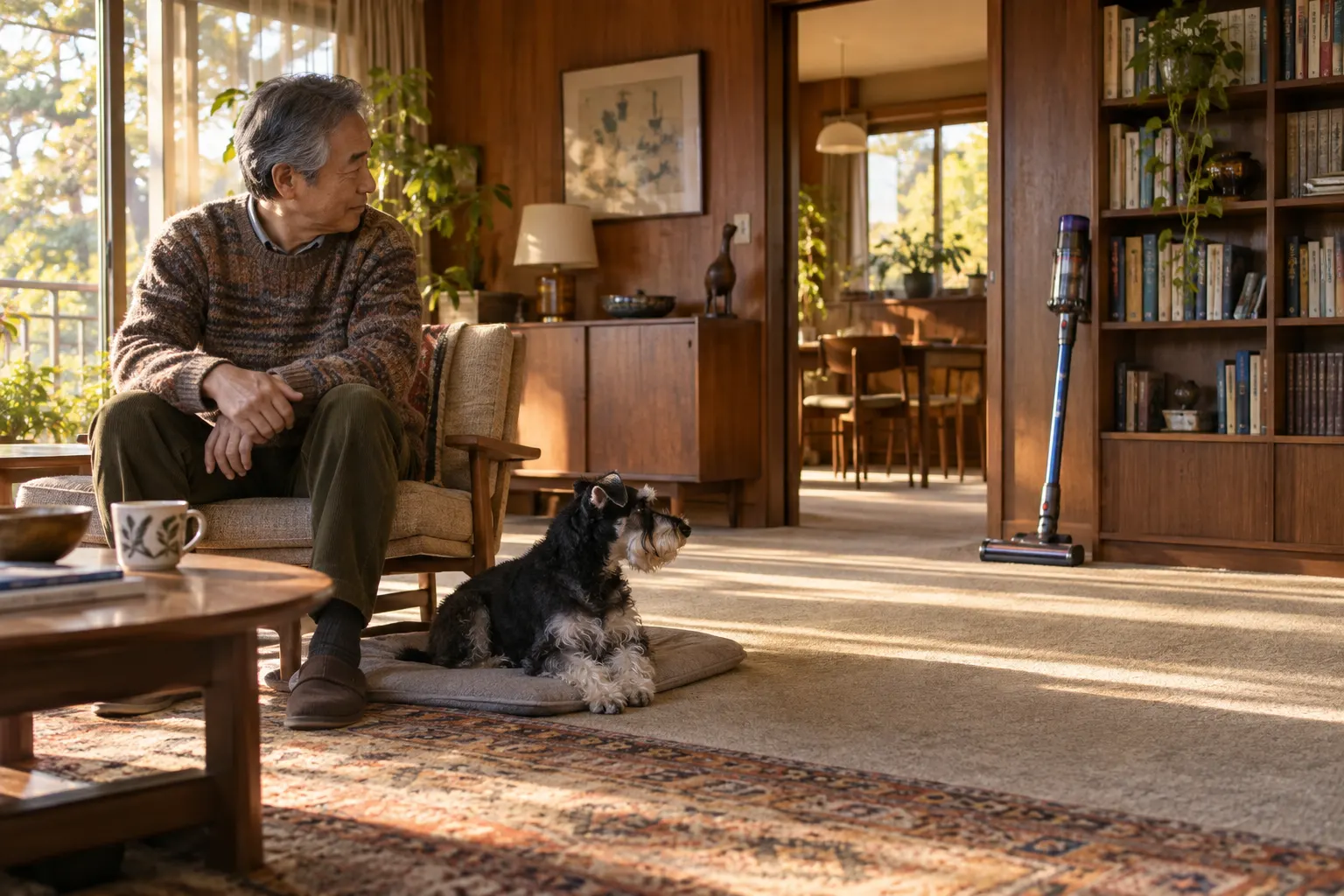 Petit schnauzer couché près d’un adulte âgé tandis qu’un aspirateur éteint reste loin dans un salon ensoleillé