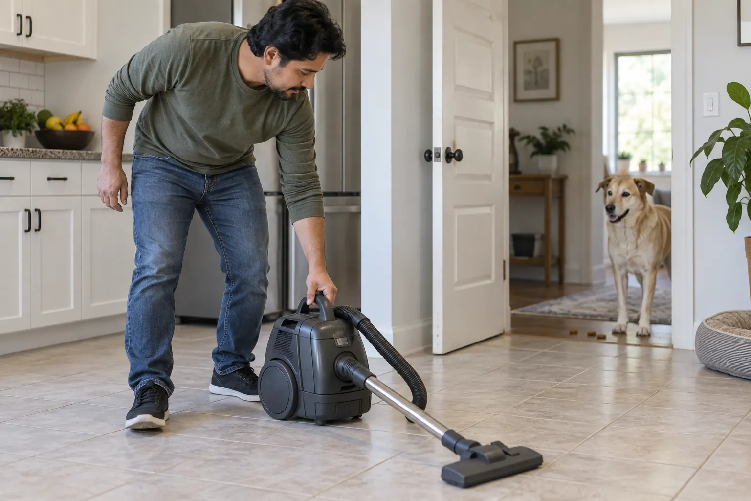 Cream dog watches a switched-off canister vacuum move slightly from behind an open doorway