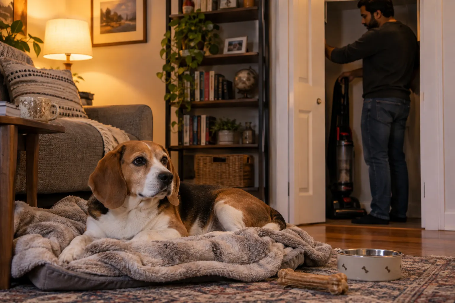 Tricolor beagle rests on a blanket while an adult stores a switched-off vacuum in a closet