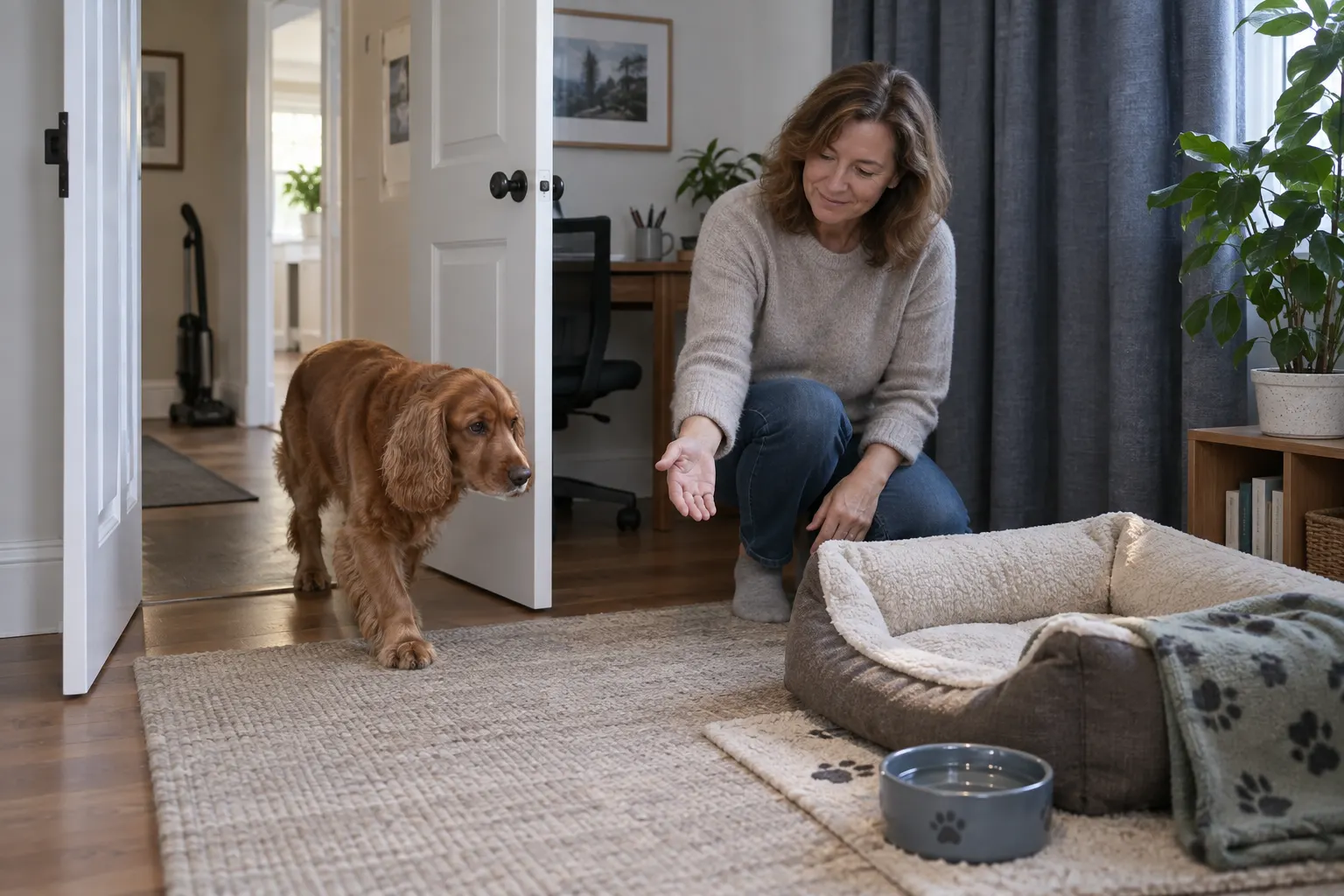 Rust-colored spaniel enters a quiet office with bed and water while a vacuum remains in the distant hall