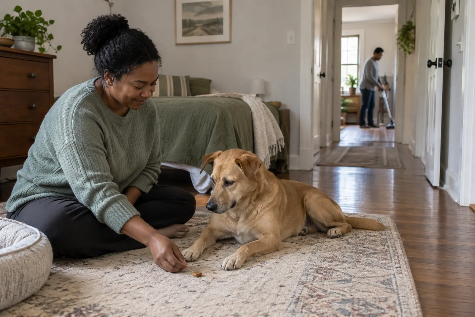 Tan dog rests with an adult while another person vacuums far down an open corridor