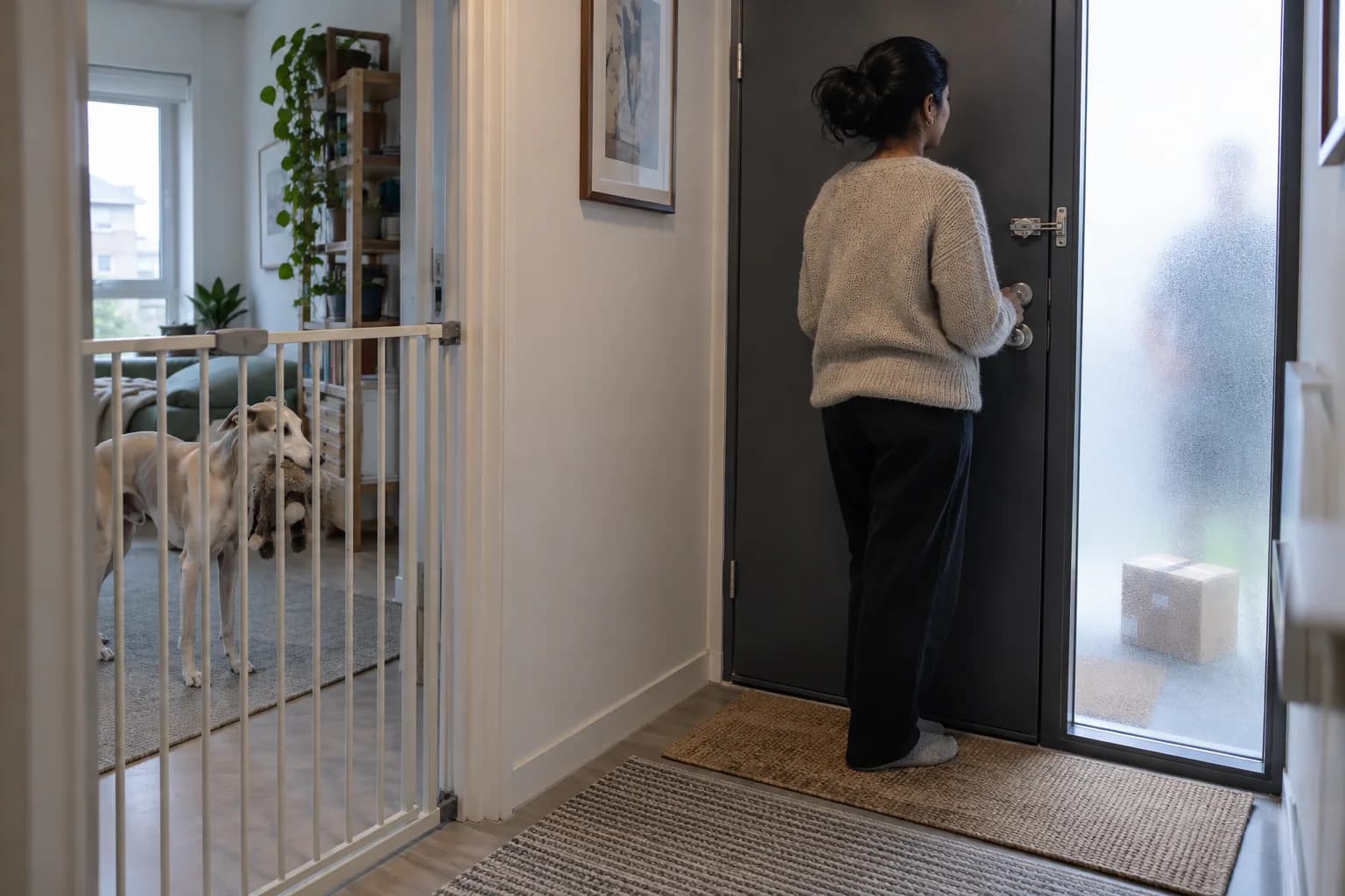 Cream whippet waits with an enrichment toy behind a secure indoor gate while an adult handles a delivery at the closed front door