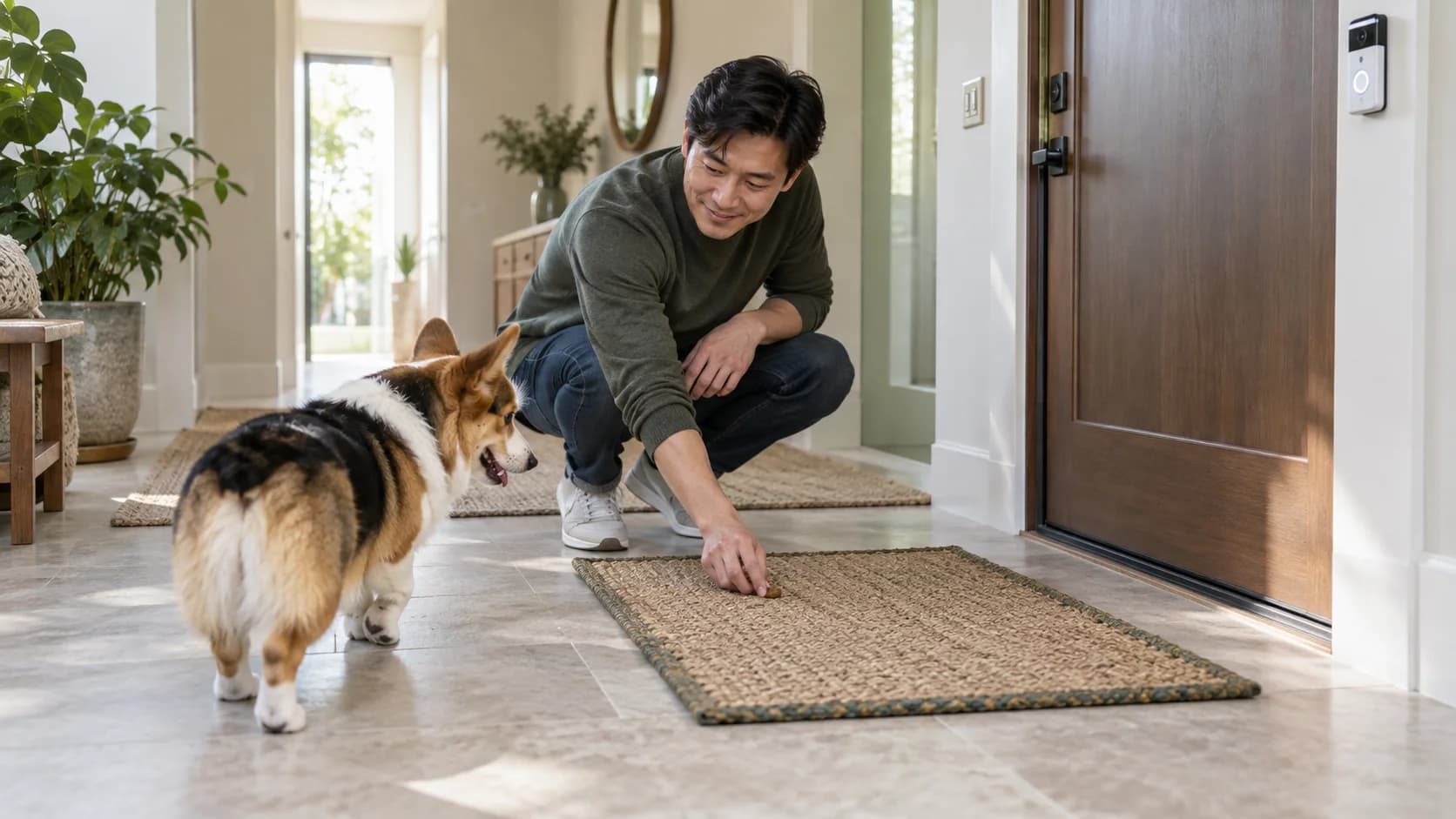 Corgi tricolore si gira dalla porta chiusa verso un tappeto intrecciato dove il proprietario posa un premio