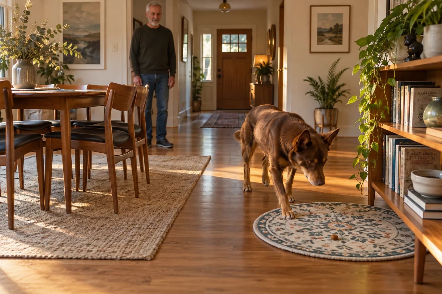 Red kelpie voluntarily steps onto a round patterned mat placed well away from the front door while an older handler waits