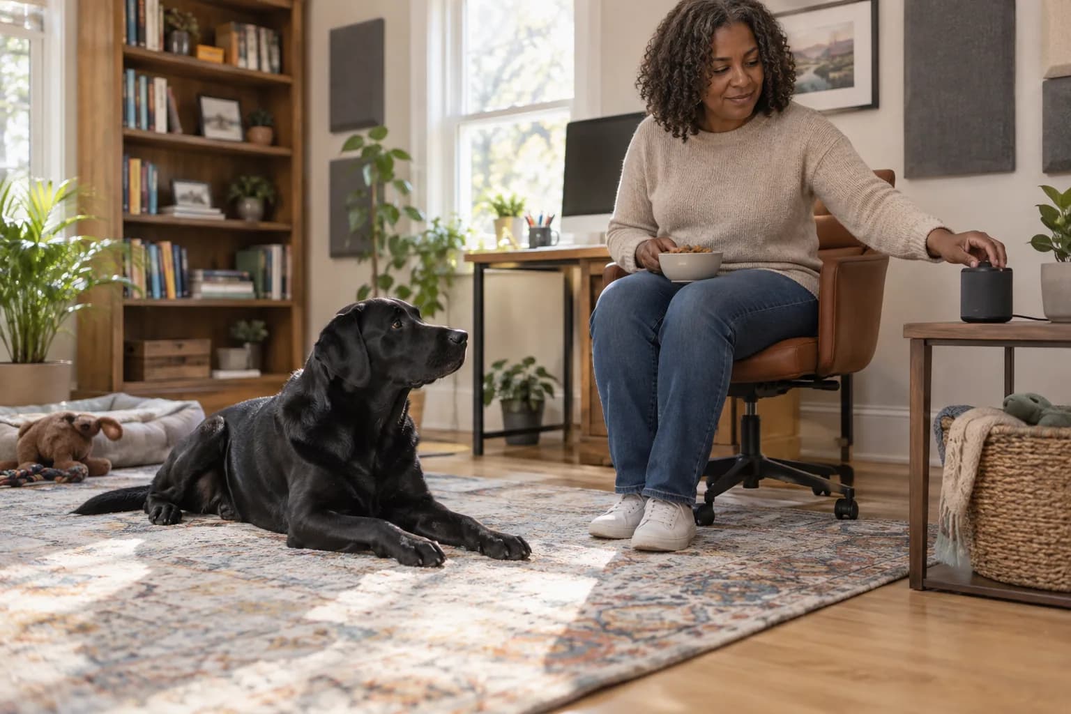 Black Labrador rests on a rug while an adult practises a very quiet doorbell sound from a plain speaker with rewards ready