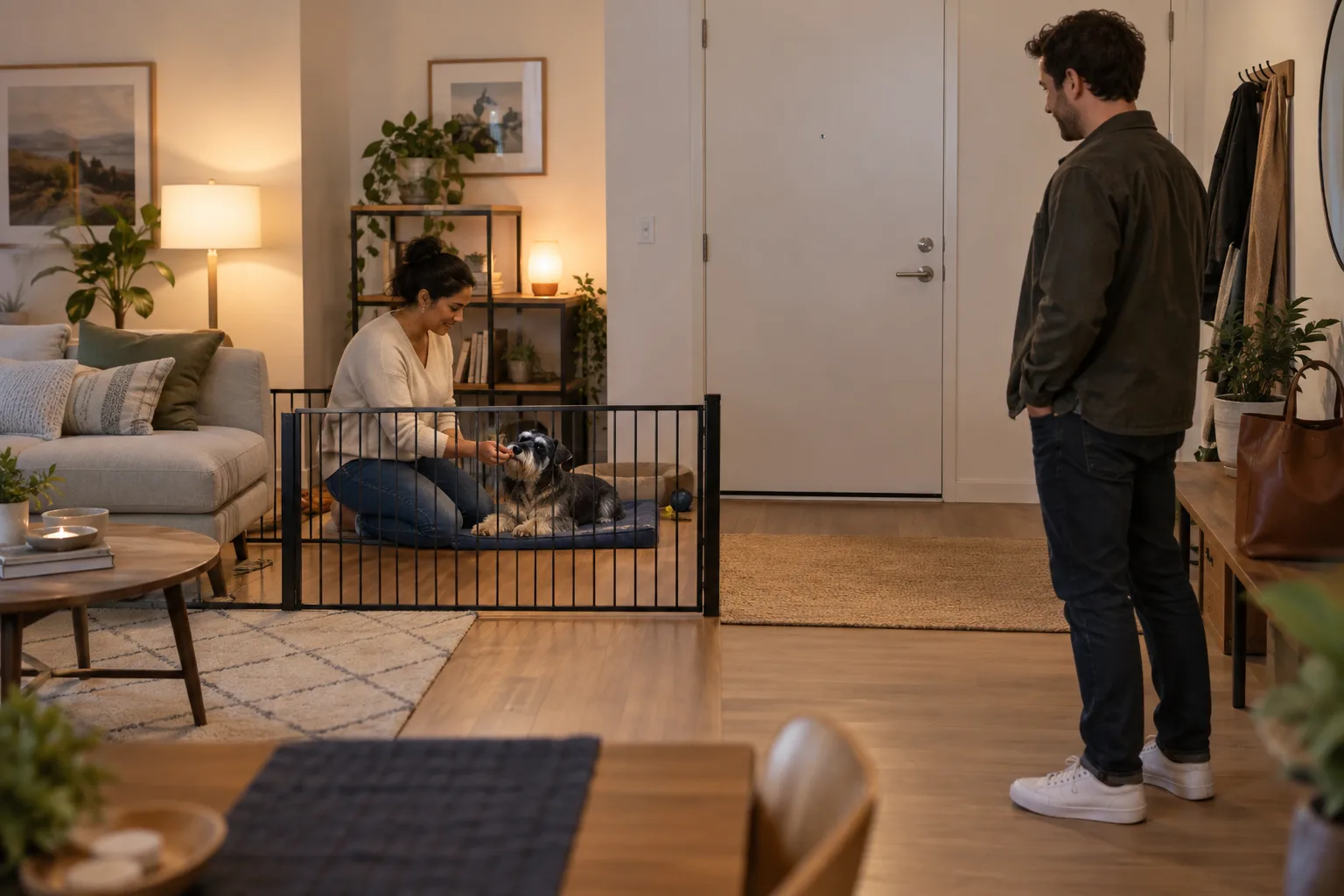 Salt-and-pepper schnauzer relaxes on a blue mat behind a secure gate while its handler rewards calm and an adult visitor waits sideways