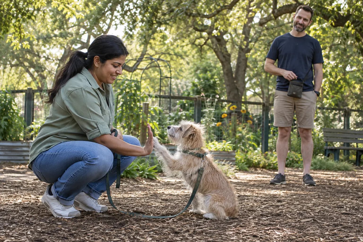 Terrier mix offers a paw to an adult handler in a fenced garden while another adult waits quietly