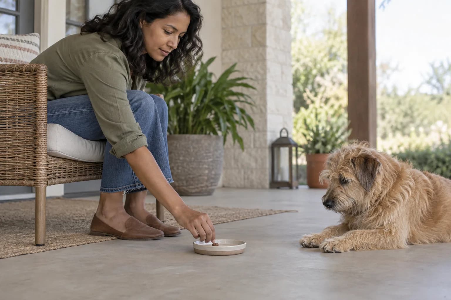 Adult handler places a small reward in a shallow dish for a relaxed tan terrier on a quiet patio