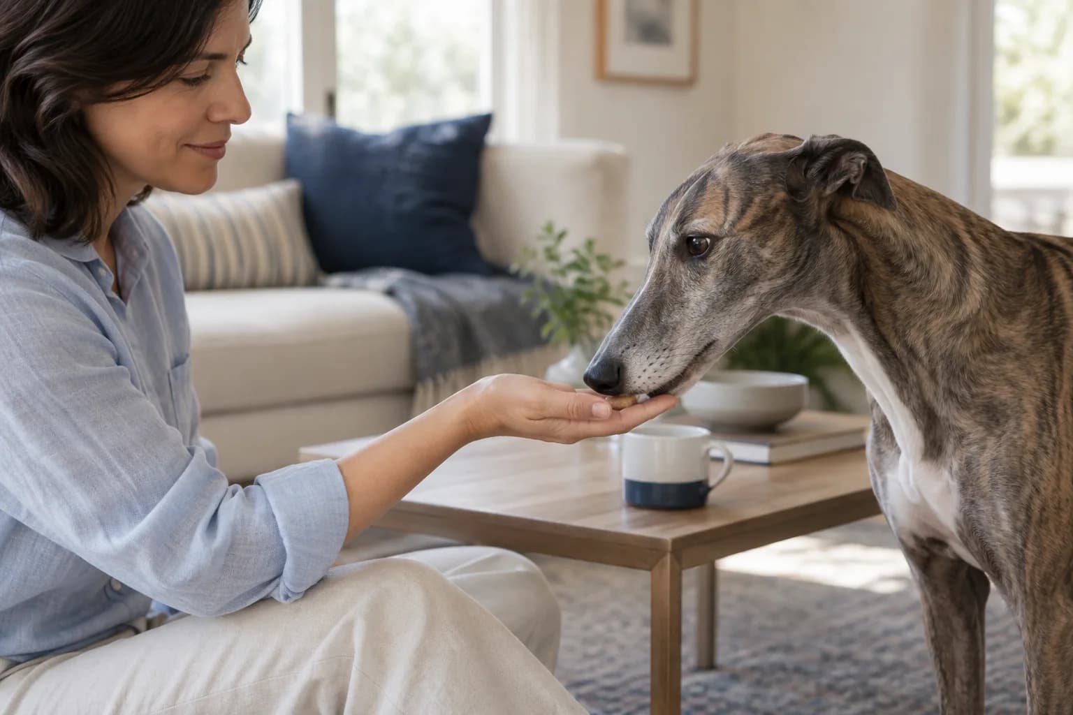 Un galgo mestizo atigrado toma suavemente un premio de la palma abierta de una persona adulta en una sala tranquila