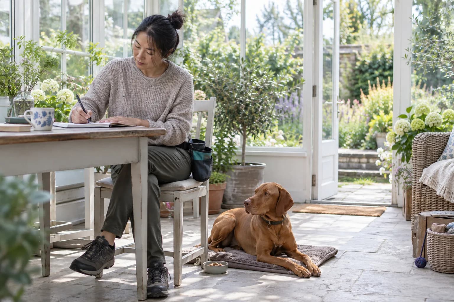 Adult handler writes short training notes while a rust-colored dog rests on a mat in a garden conservatory