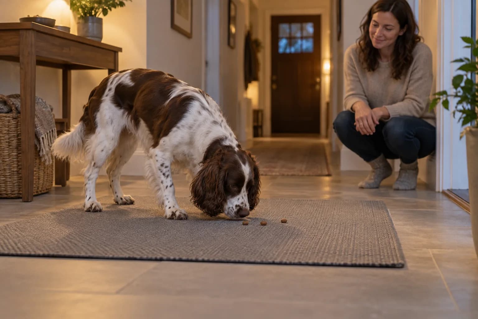 White and brown spaniel calmly sniffs a few kibble pieces scattered on a nonslip mat in a home hallway