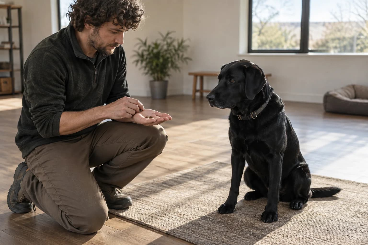 Adult handler prepares small rewards while a black Labrador sits calmly in a spacious training room