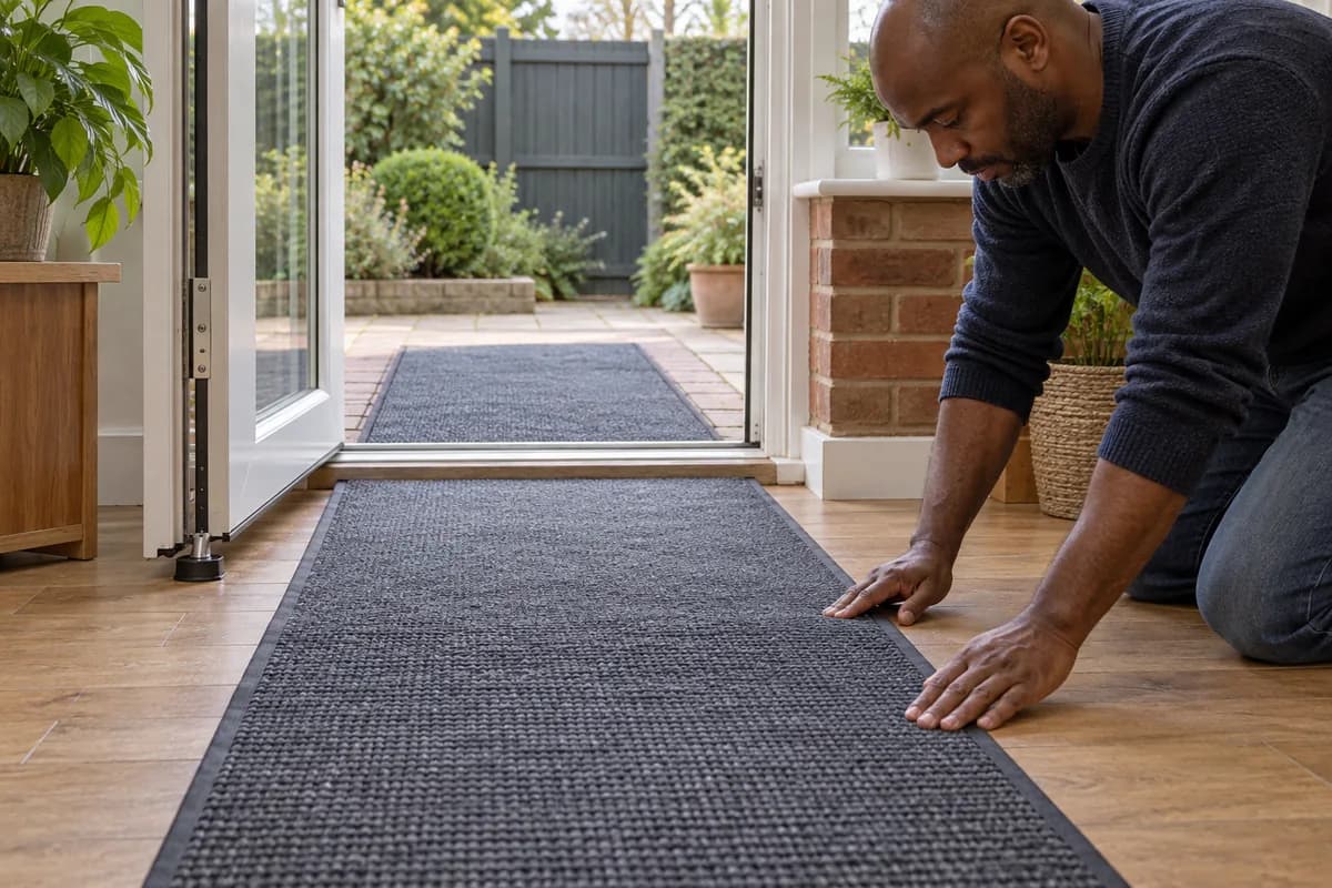 An adult flattens a nonslip indoor runner beside an open back door with another runner on the garden landing
