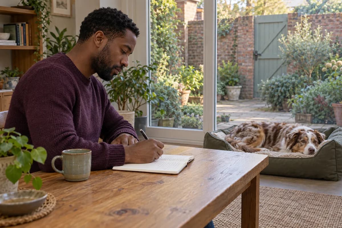 A man writes a brief paper training note beside a garden window while an Australian shepherd rests indoors