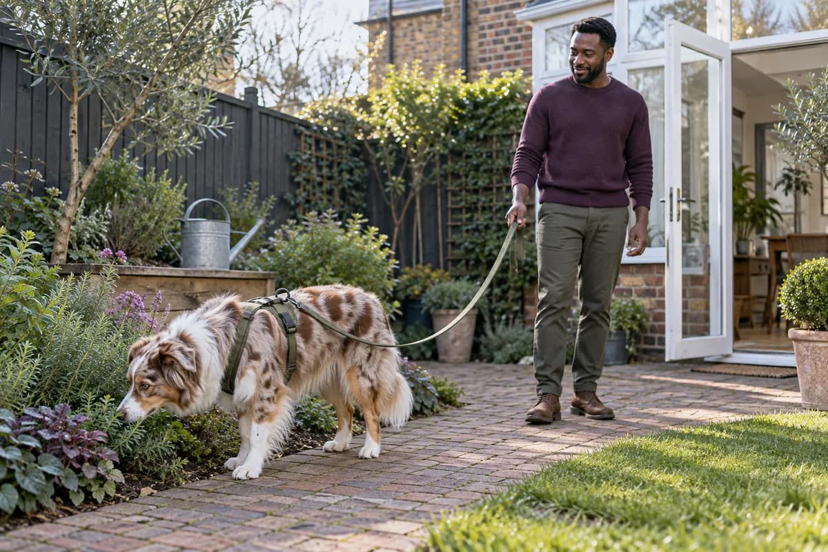 A harnessed Australian shepherd sniffs in an enclosed brick garden while a man supervises with a slack held leash