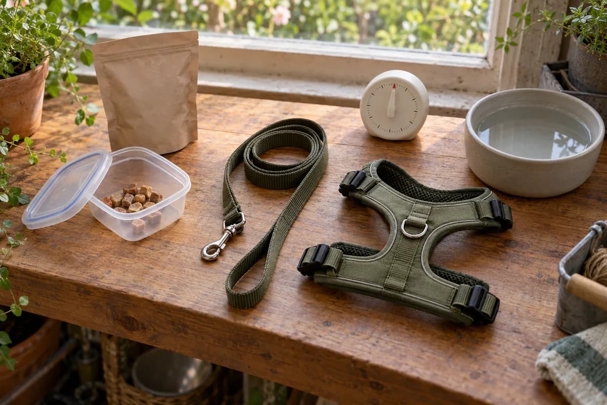 Small food rewards, a treat pouch, harness, leash, timer and water bowl prepared on a conservatory bench