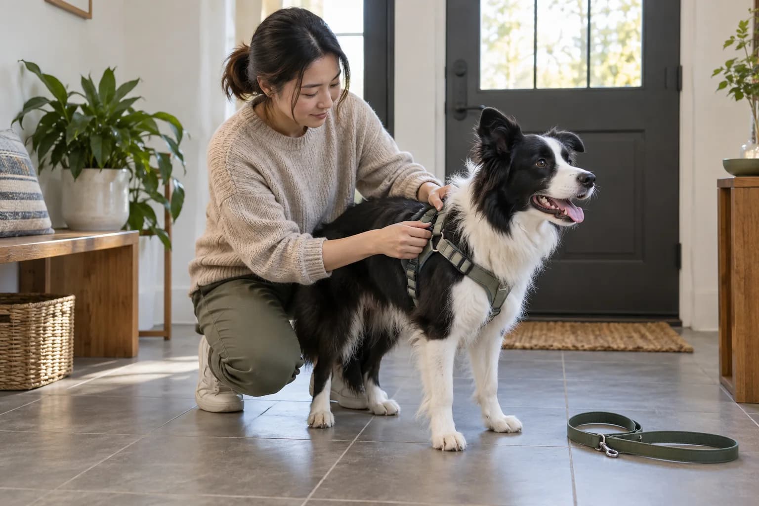 Adult handler checks a comfortable harness and undamaged leash on a calm border collie in a quiet entryway