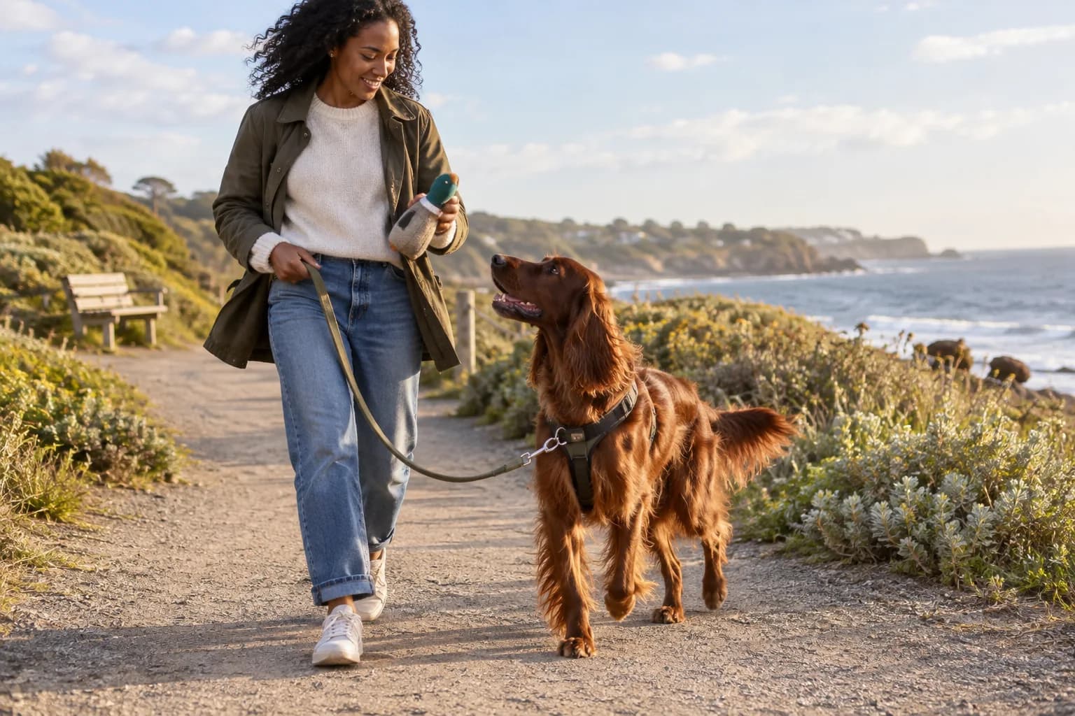 Irish setter on a secure loose leash looks toward a soft toy held by its handler on a quiet coastal path