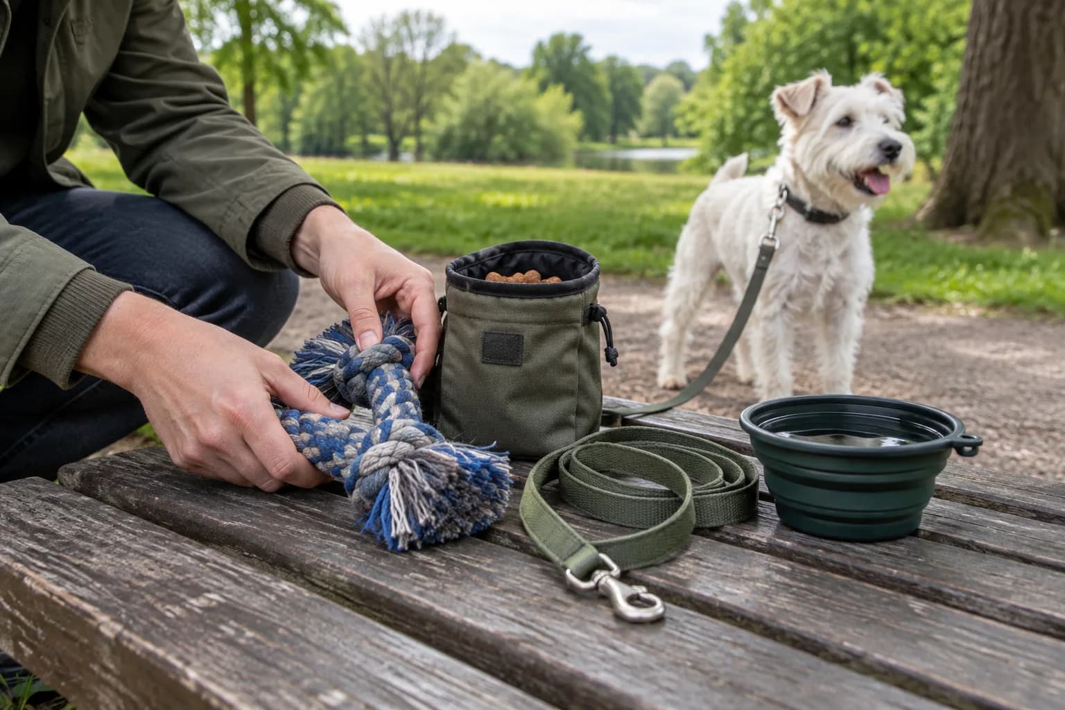 Soft tug toy, plain leash, treat pouch and water bowl laid out on a park bench before a walk with a white terrier