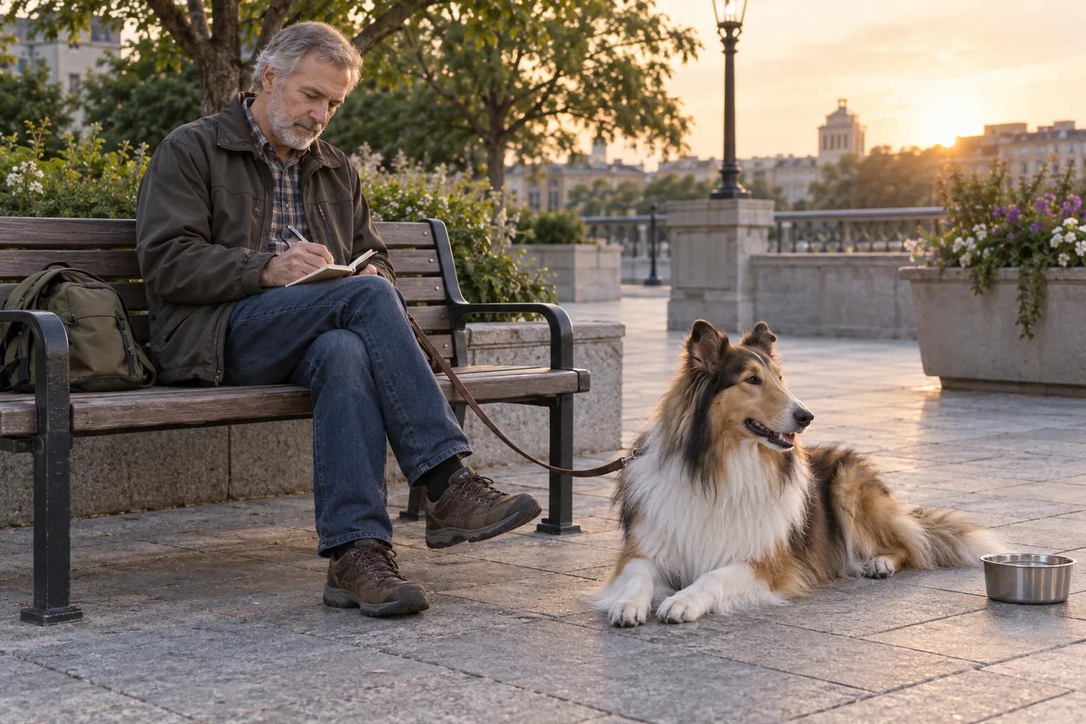 Older adult handler writes brief walk notes beside a relaxed sable collie on leash at a quiet plaza bench