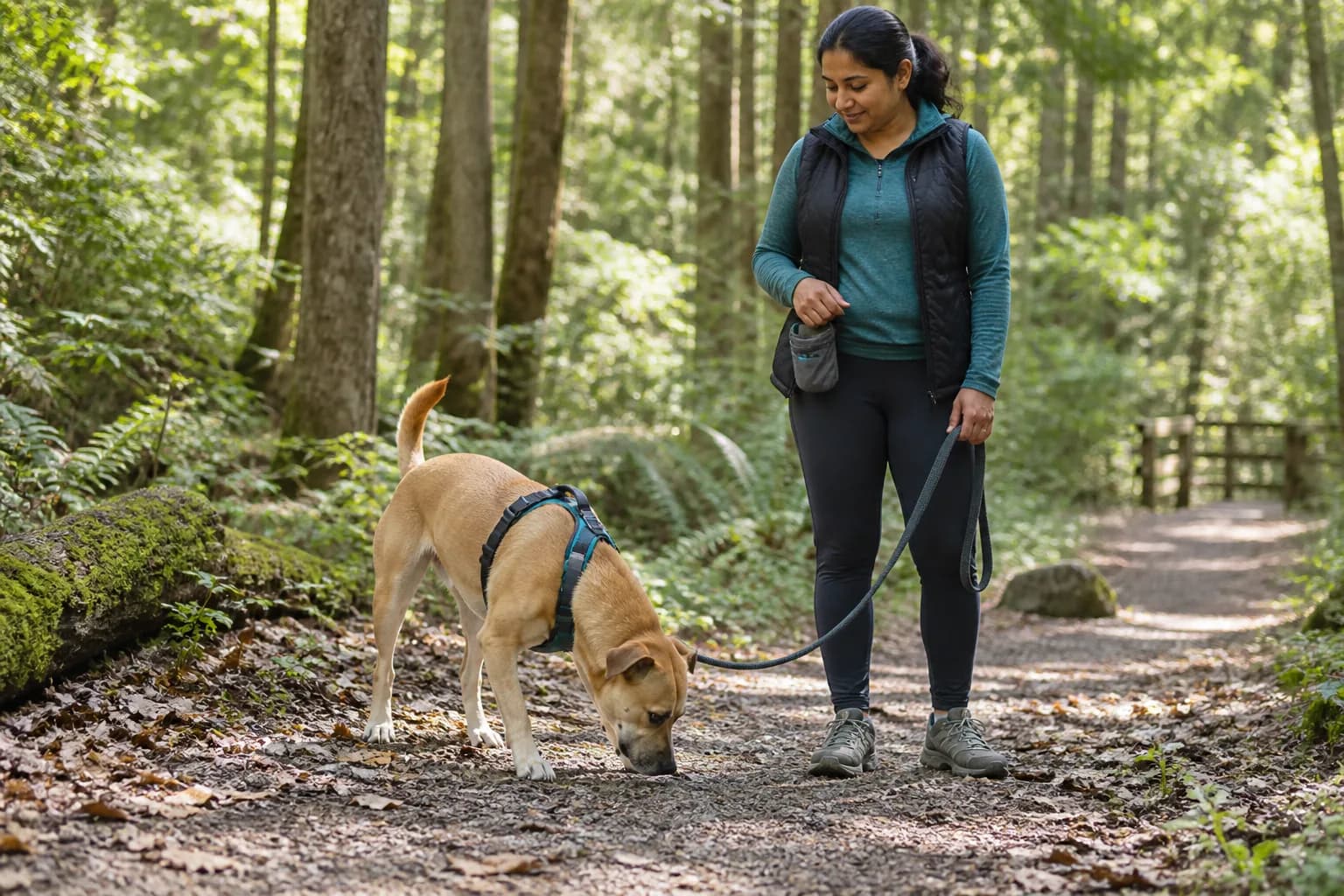 Tan mixed-breed dog calmly sniffs beside an adult handler on a loose leash along a quiet wooded path