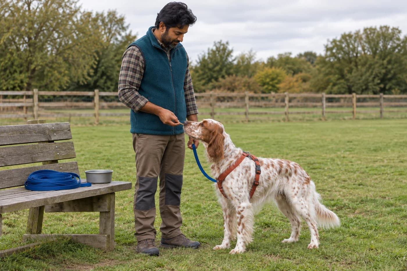 A setter receives a nearby reward on an ordinary lead while the detached long line is folded on a bench