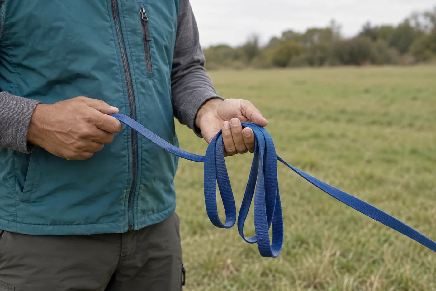 A handler holds the working blue line in one hand and loose folds across the other palm without wrapping fingers or wrists