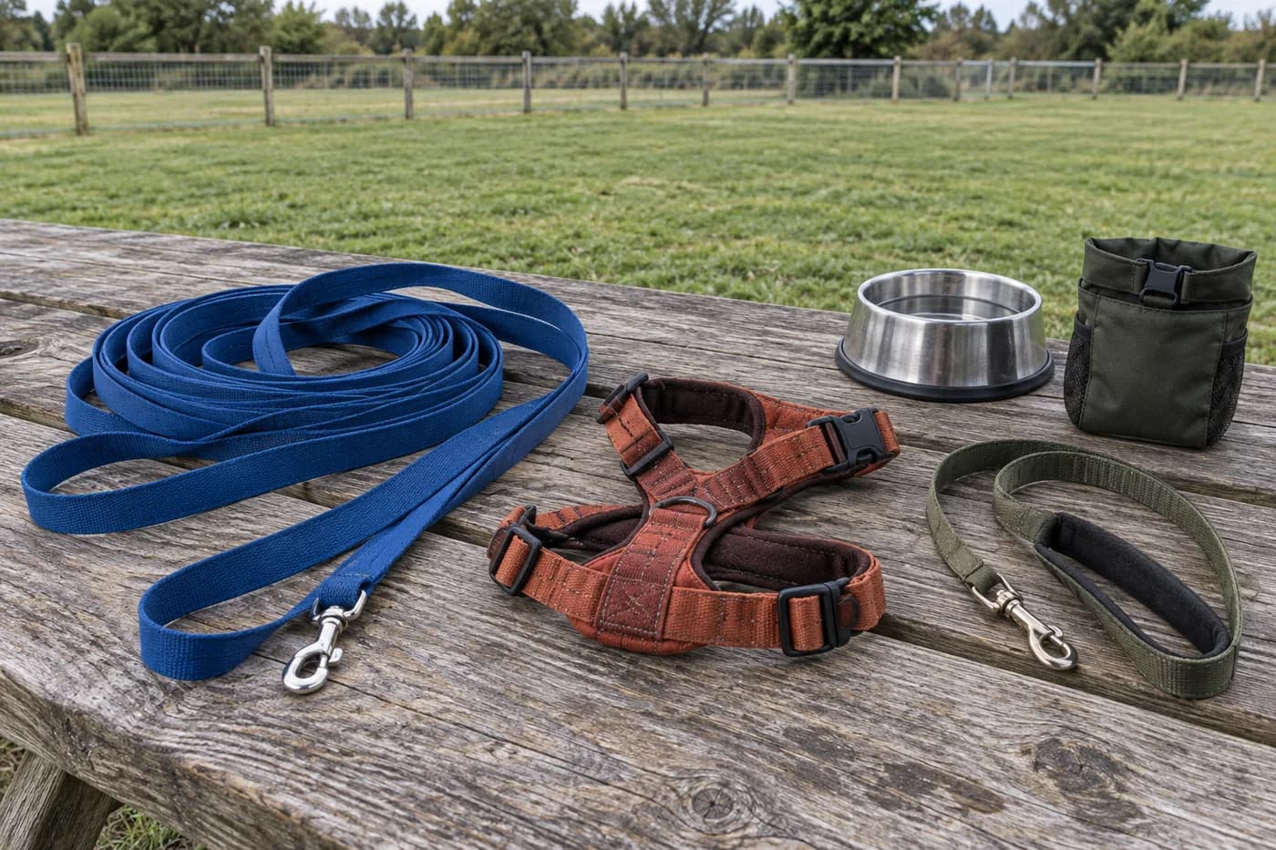 A fixed blue fabric long line, rust harness, short lead, bowl and treat pouch lie separately on a wooden table