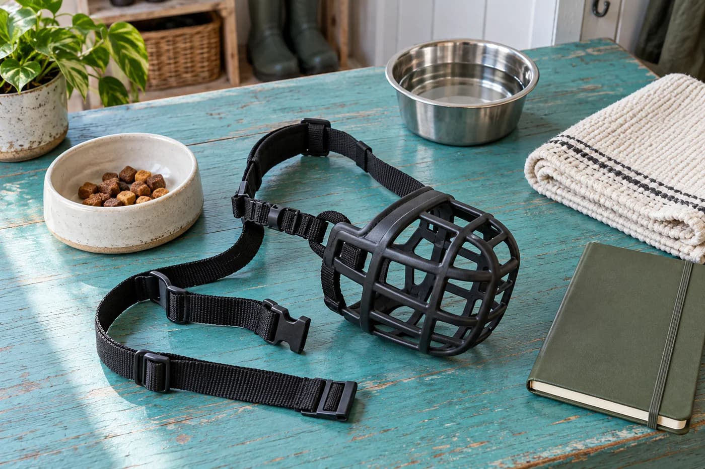 Unfastened basket muzzle, small food rewards, water and a closed notebook arranged separately on a worktop