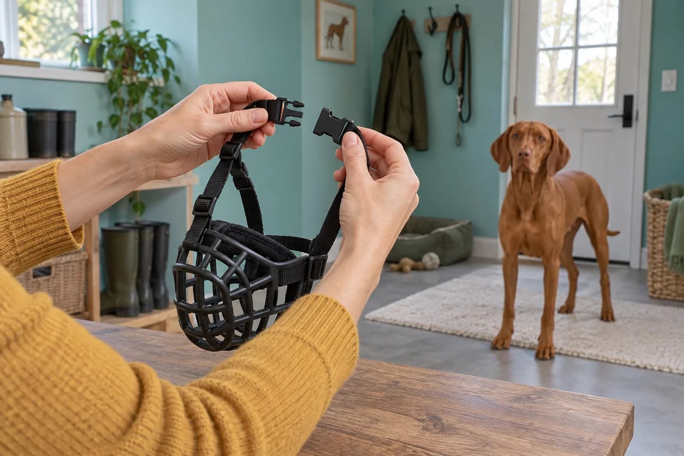 Adult hands rehearse the unfastened muzzle buckle above a table while the dog stands separately in the background