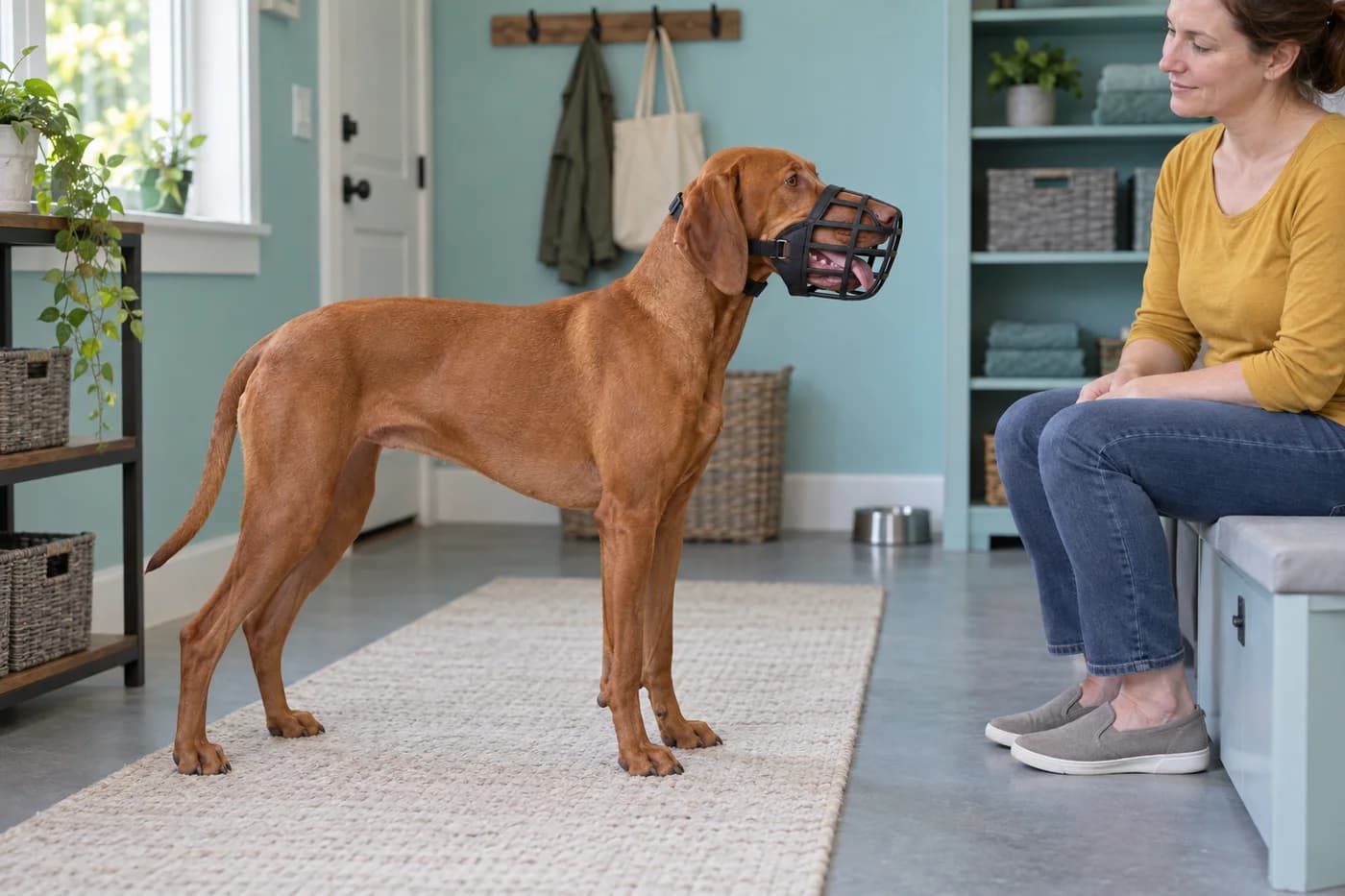Vizsla stands indoors wearing a deep ventilated basket muzzle with room below the open mouth while the adult sits nearby