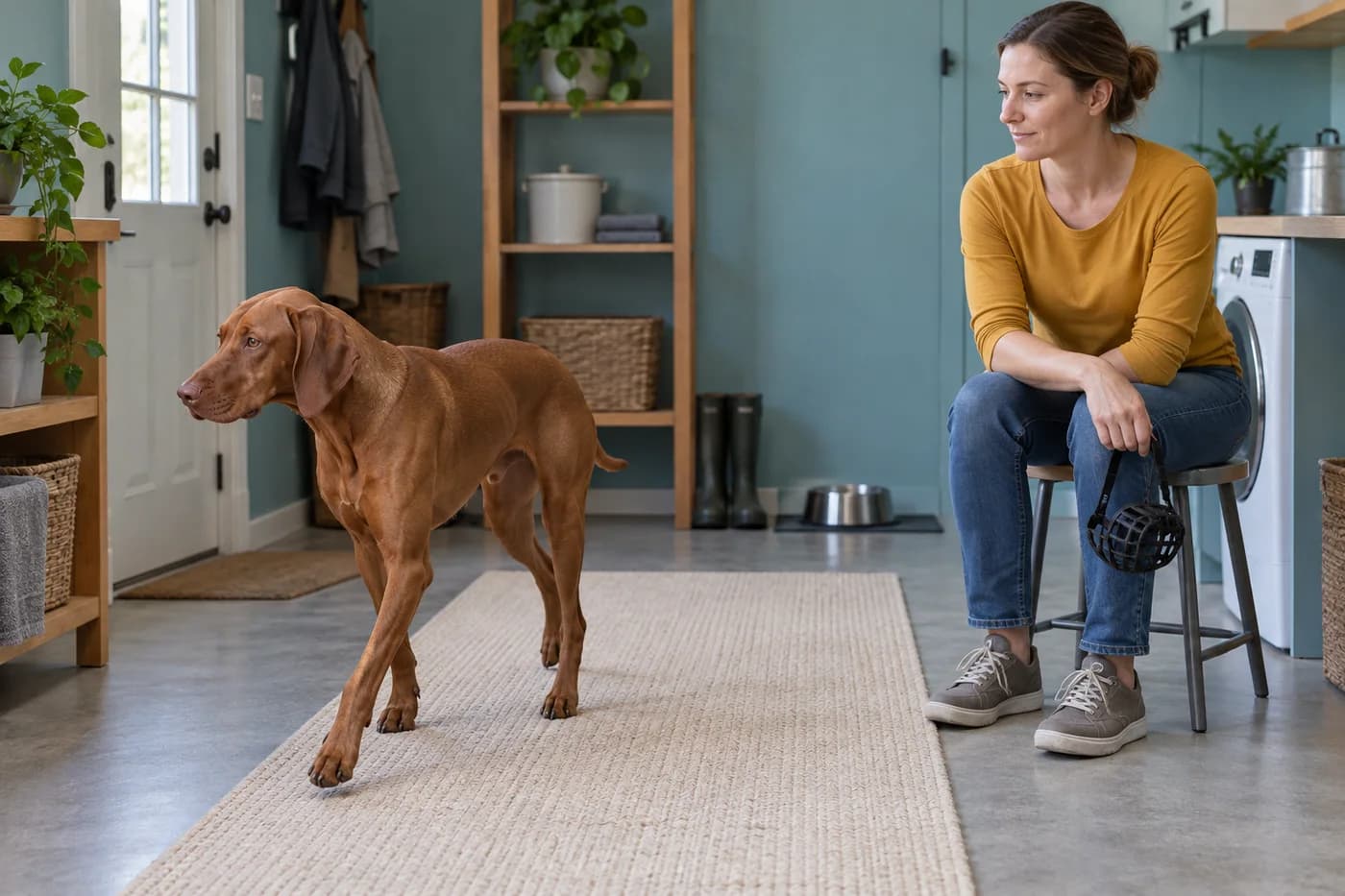 Vizsla takes a step away while a seated handler lowers the basket muzzle and leaves the walking route open