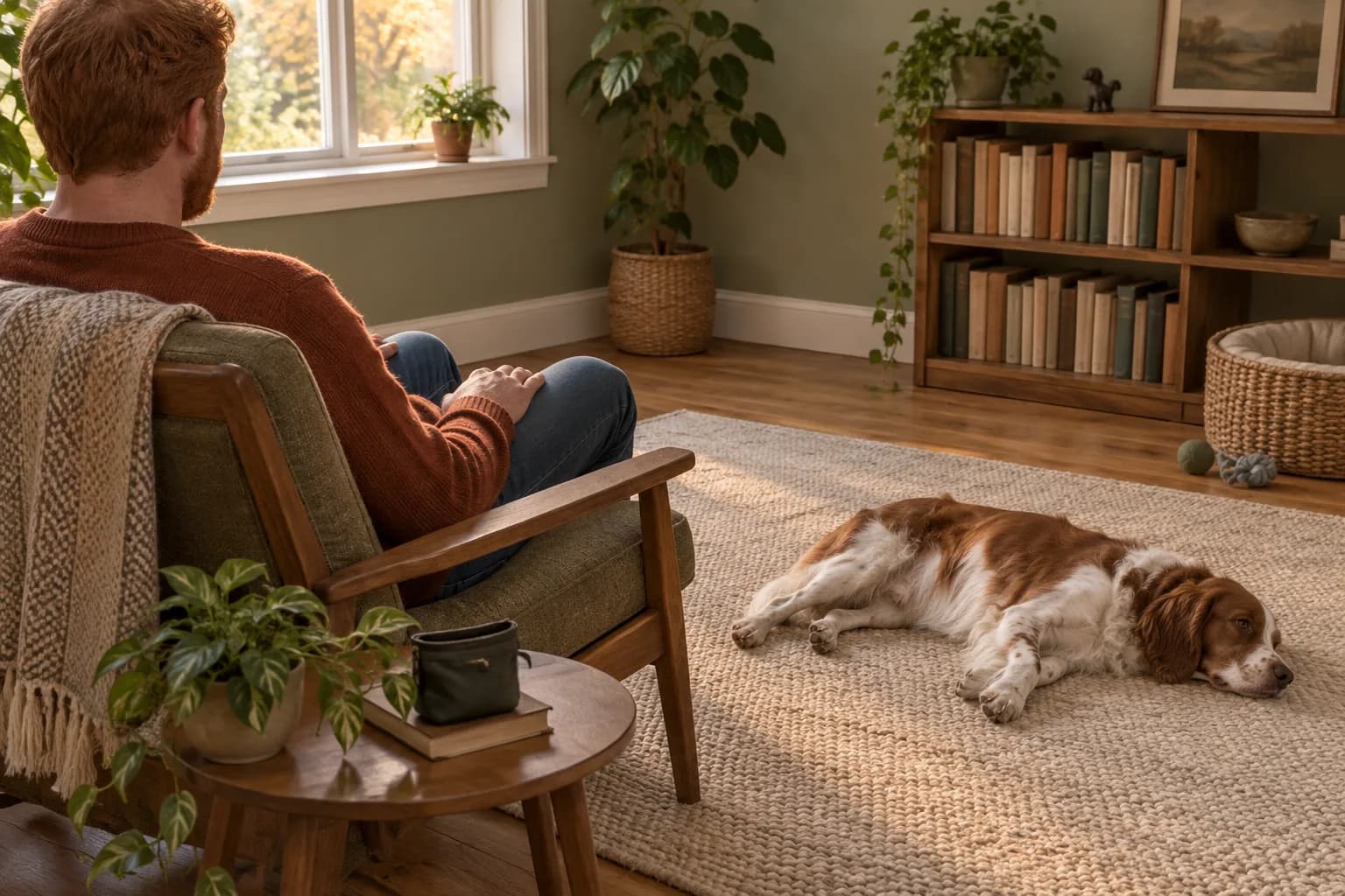 A spaniel rests on its side on a rug while a seated man leaves it undisturbed in a softly lit reading room