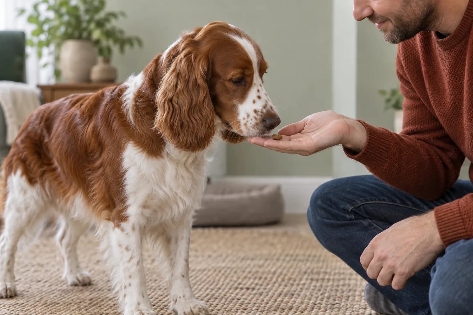 A chestnut-and-white spaniel receives a small food reward from a man's low open palm while standing comfortably on a rug