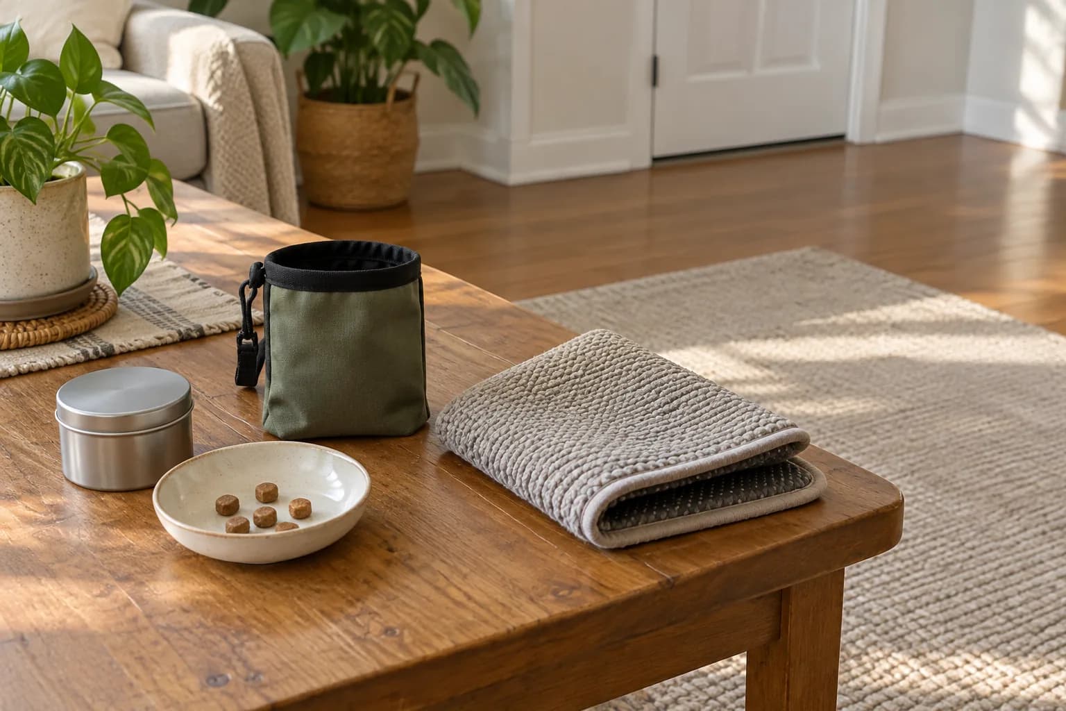 A small dish of food rewards, an unlabelled tin, a reward pouch and a folded nonslip mat sit beside a clear indoor practice space
