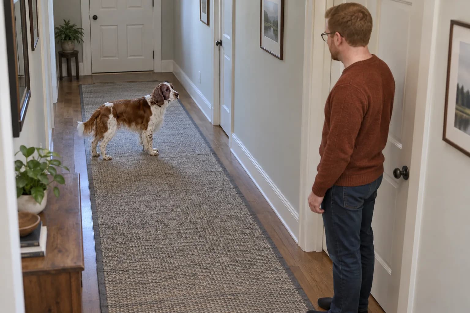 A spaniel stands sideways on a hallway runner and turns its head toward a man several steps away, with the doors closed