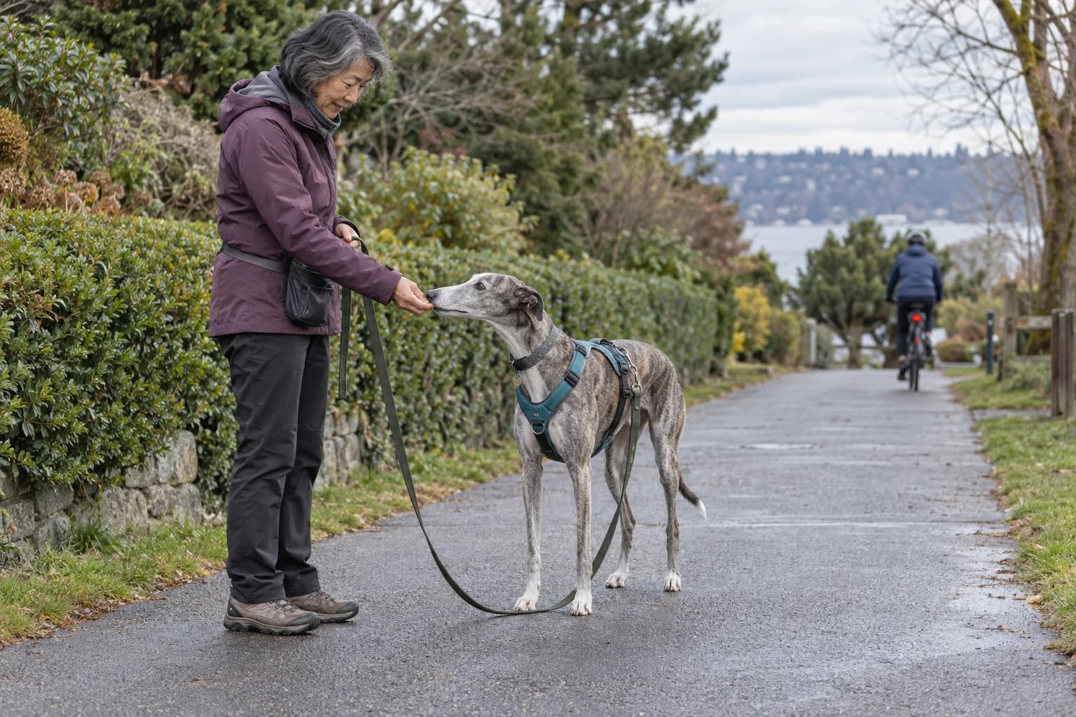 Greyhound takes a treat beside its handler while a cyclist passes far away on a quiet path