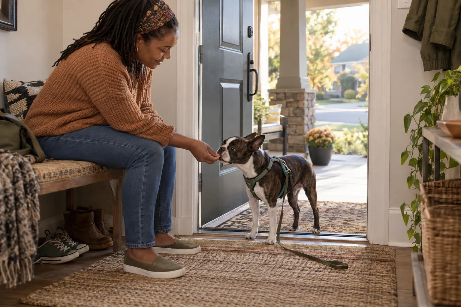 Boston terrier calmly takes a treat just inside an open front door while its handler sits sideways