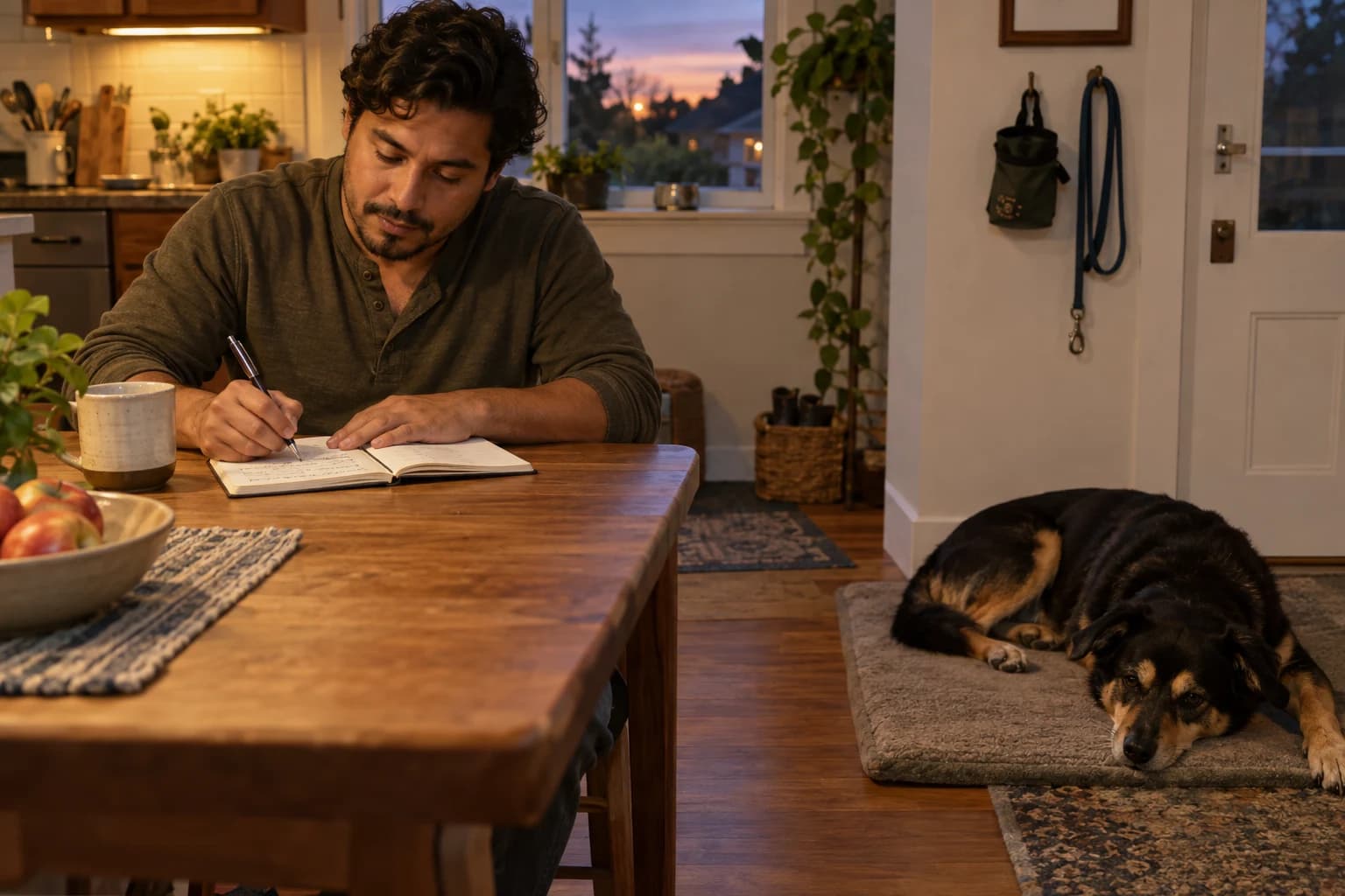 Man records a short outdoor training session in a notebook while his relaxed dog rests on a mat